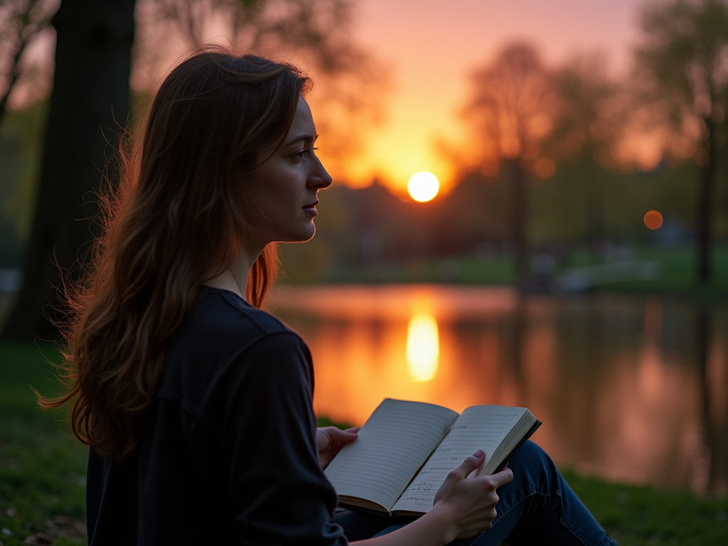 Девушка читает книгу на закате у воды.