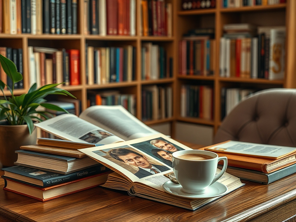 На столе лежат книги и чашка кофе, окруженные уютной атмосферой библиотеки.