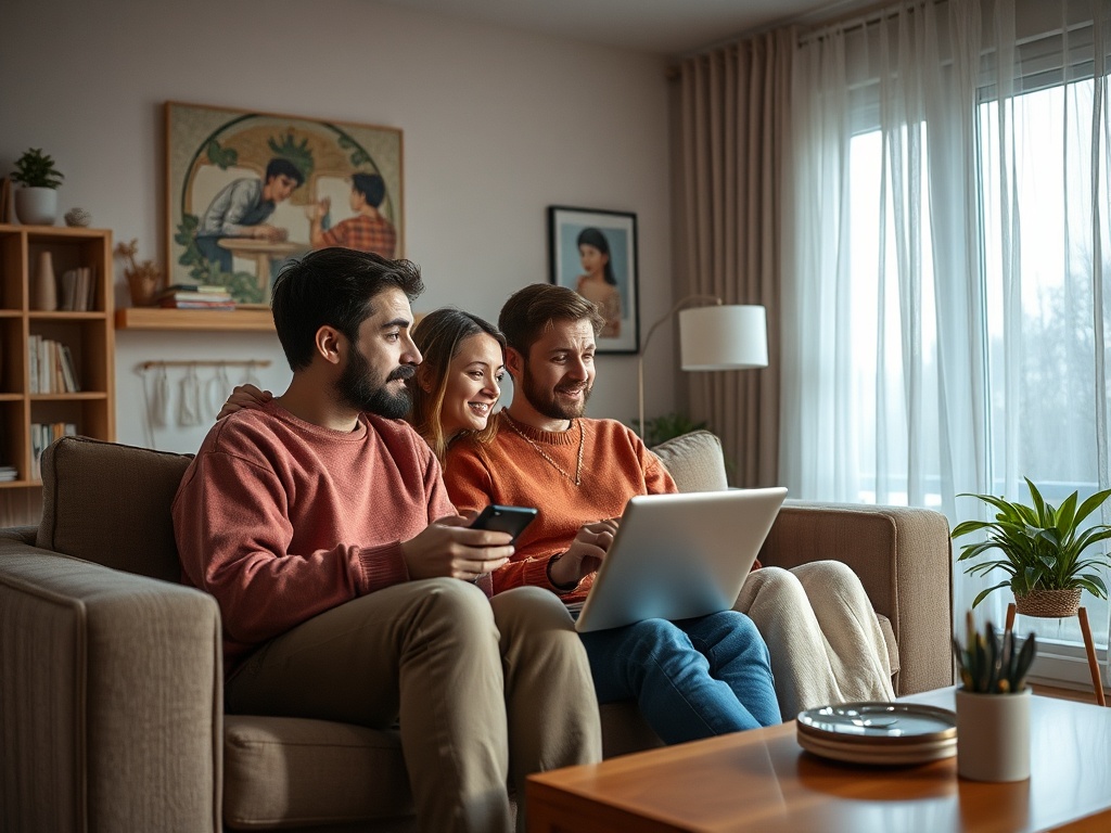 Трое друзей сидят на диване, улыбаются и смотрят что-то на ноутбуке и телефоне в уютной обстановке.