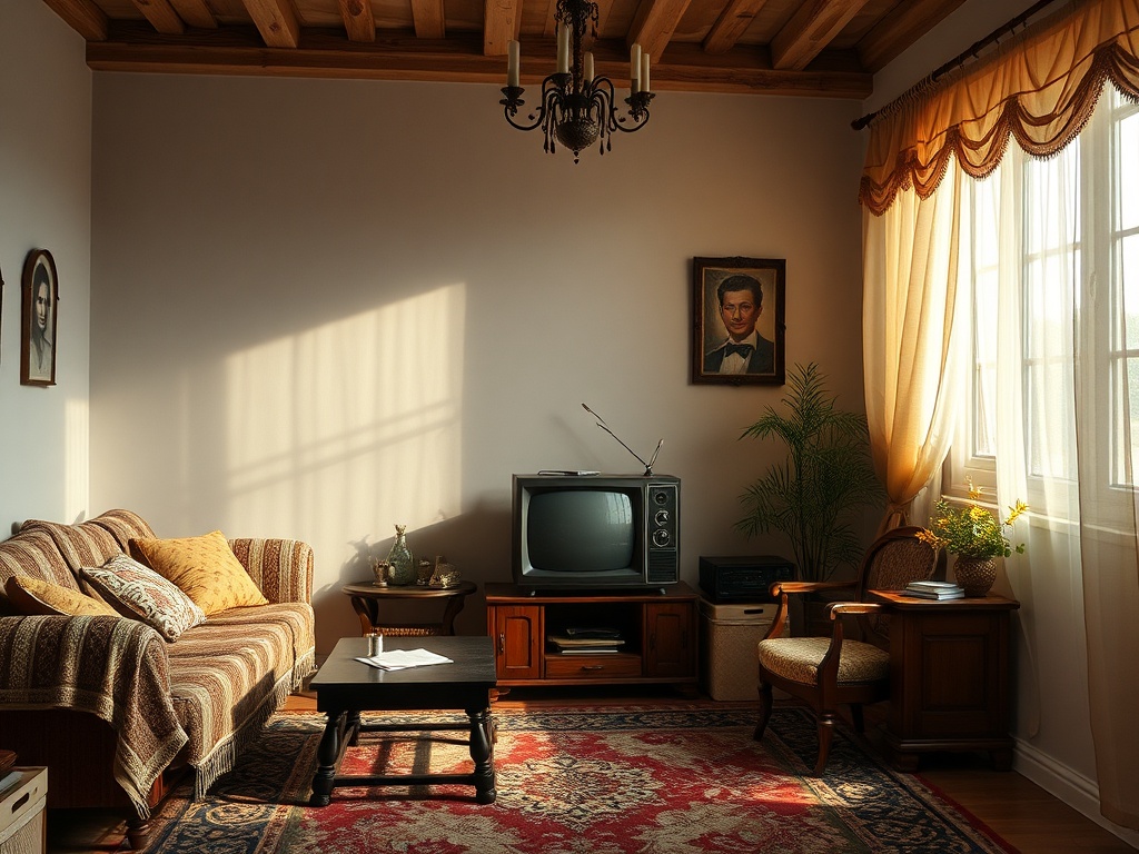 Уютная комната с диваном, телевизором, растениями и картинами на стенах, залитая солнечным светом.