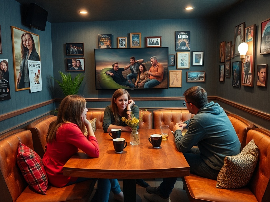 Трое людей общаются за столом в уютном кафе, стены украшены фотографиями и плакатами.