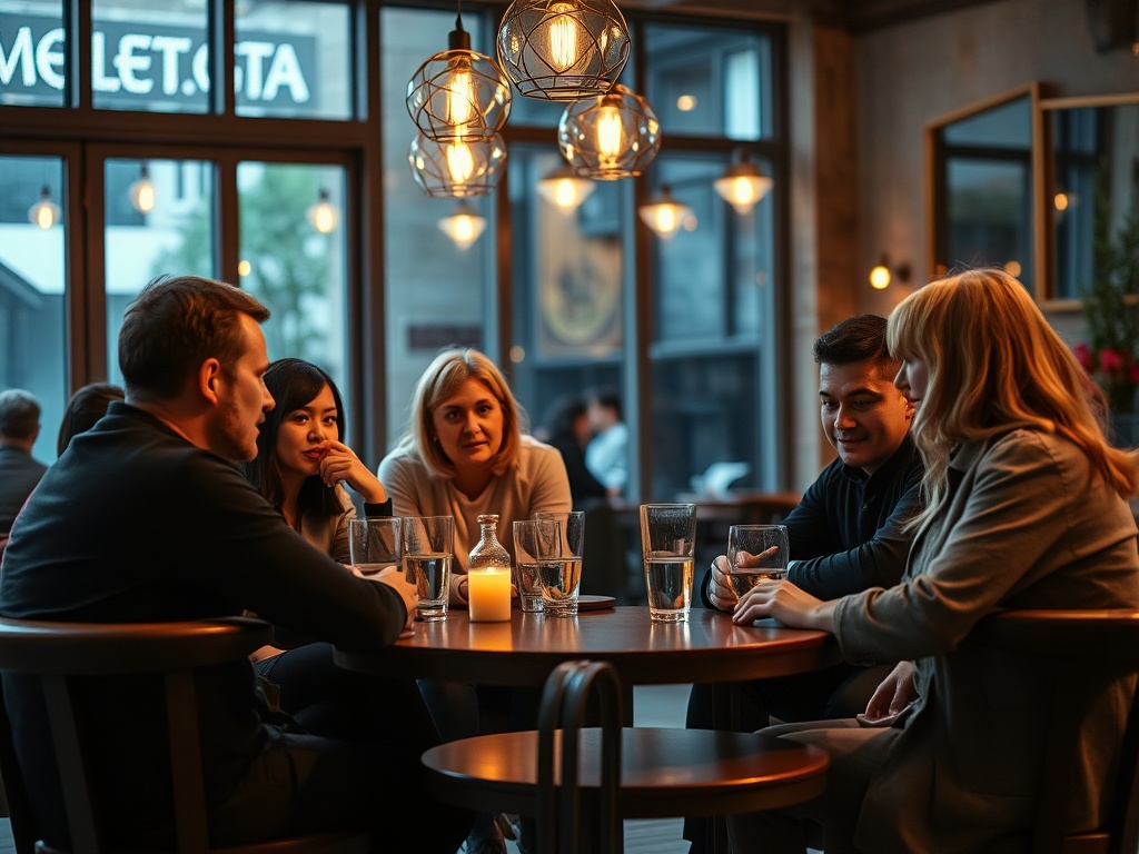 Вечерняя встреча группы друзей в уютном кафе, обсуждают что-то интересное за столом с напитками.