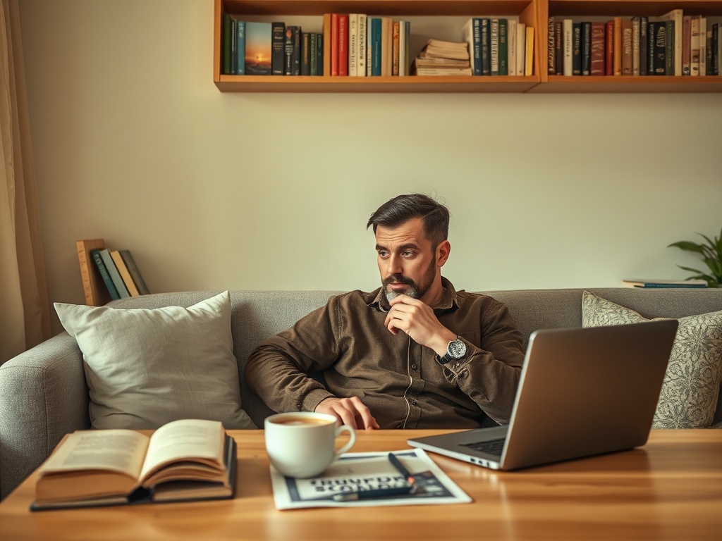 Мужчина задумчиво смотрит на ноутбук, рядом книги и чашка кофе в уютной обстановке дома.