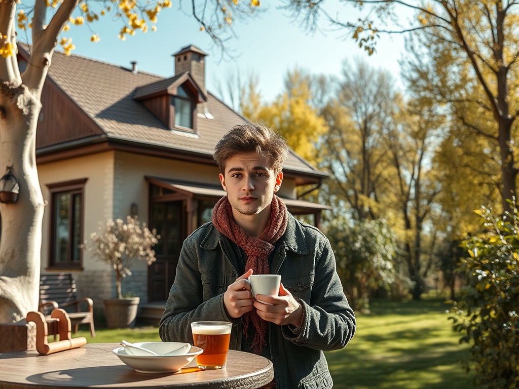 Парень с чашкой кофе на фоне загородного дома и осенних деревьев. Теплая атмосфера и умиротворение.