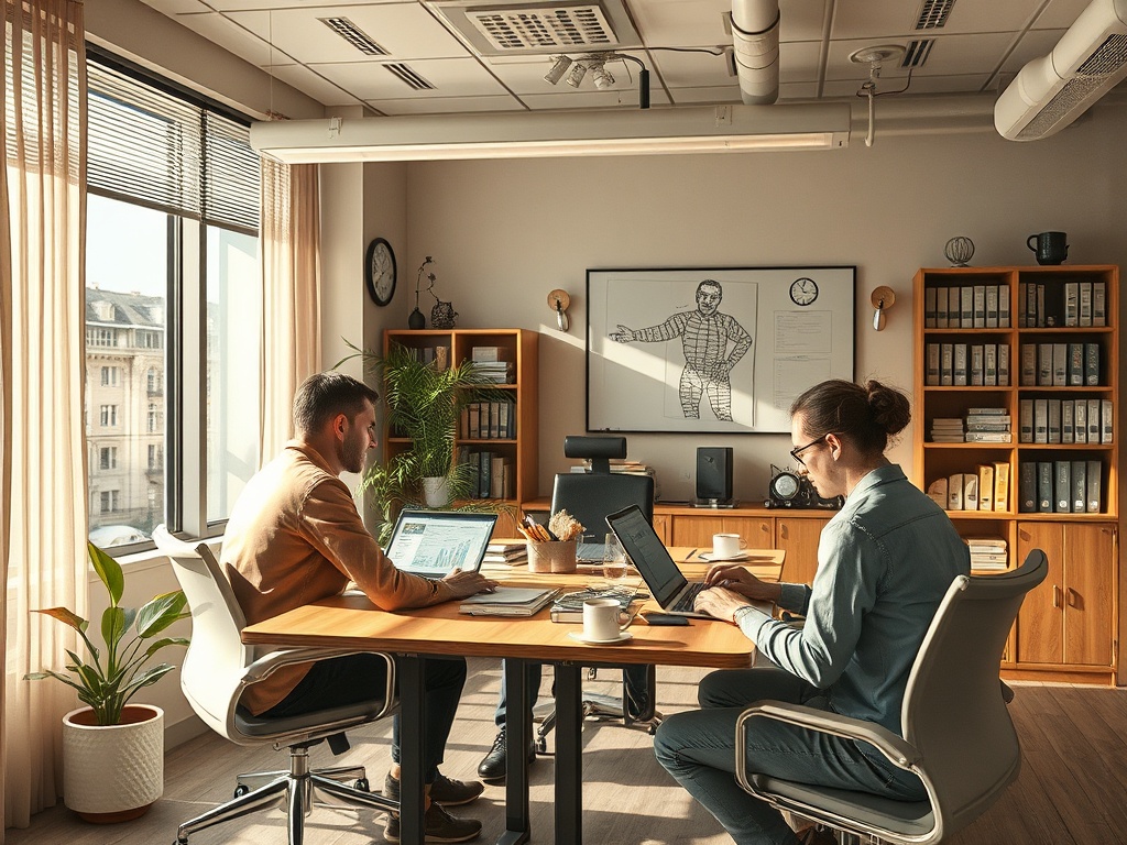 Два человека работают за столом в светлом офисе, окруженном книжными полками и растениями.