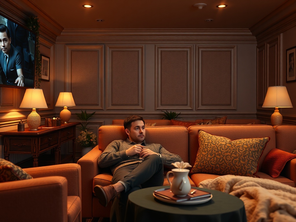 Молодой человек сидит на диване в уютной комнате с мягким освещением и смотрит телевизор.