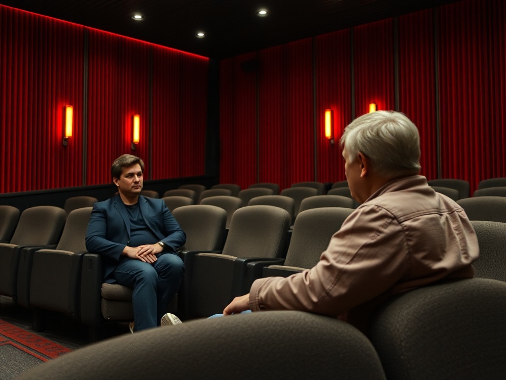 Два человека беседуют в пустом кинотеатре с красными стенами и темными креслами.