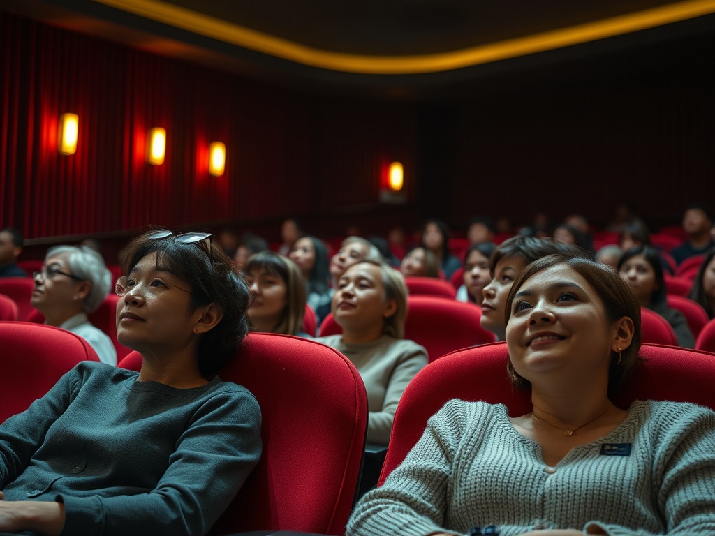 Зрители в кинотеатре внимательно смотрят на экран, погрузившись в атмосферу фильма.