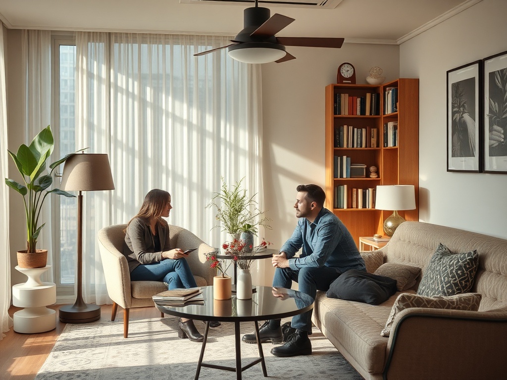 Два человека беседуют в уютной гостиной с большим окном и современным интерьером.