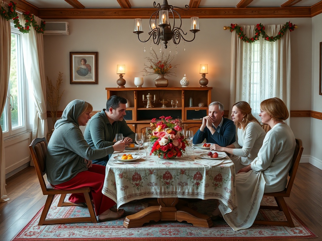 Семья сидит за обеденным столом, наслаждаясь трапезой и цветами, в уютной домашней обстановке.