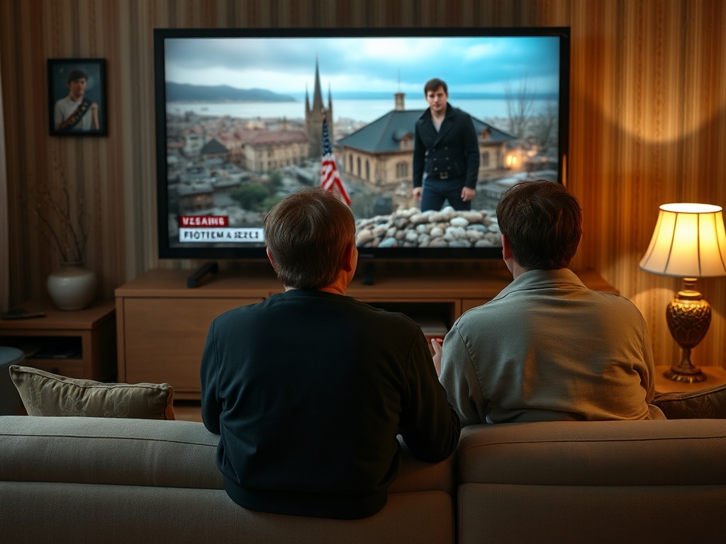 Два человека сидят на диване и смотрят телевизор, на котором показывают идущую передачу.