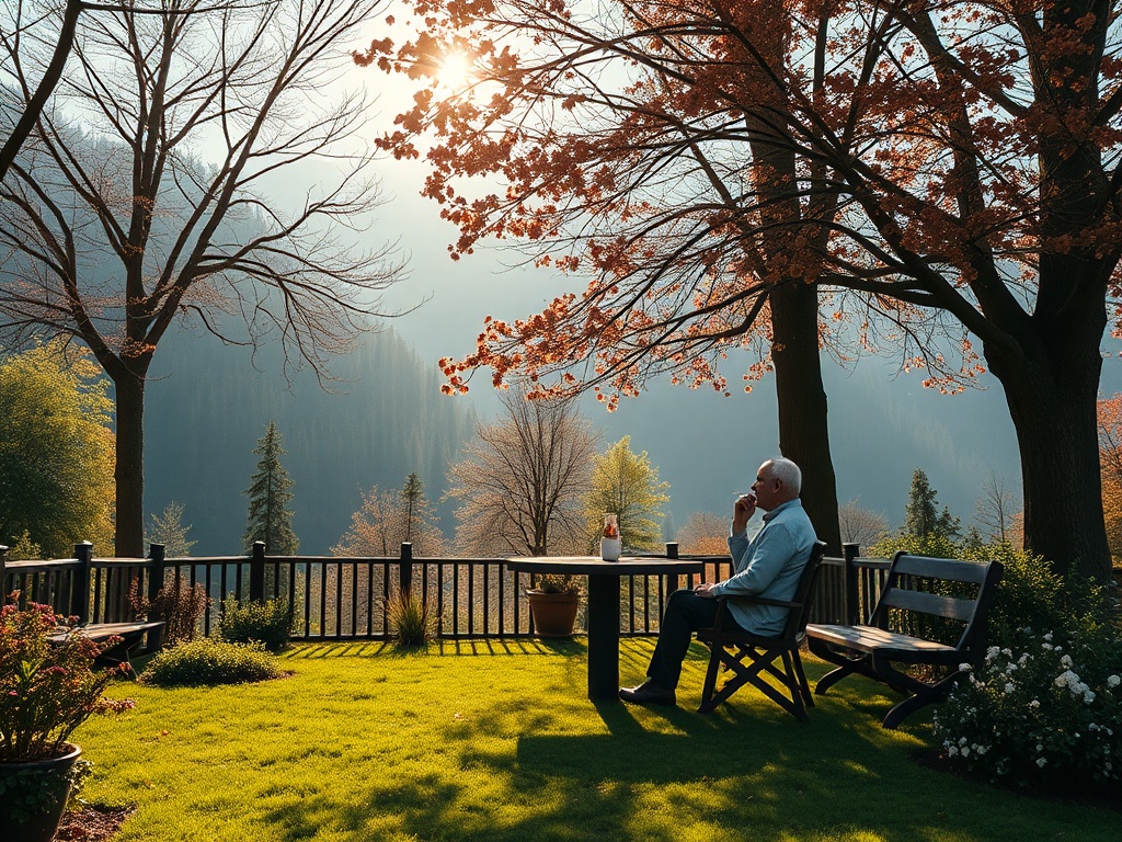 Пожилой мужчина сидит за столом на природе, наслаждаясь видом дерева и гор на фоне заката.
