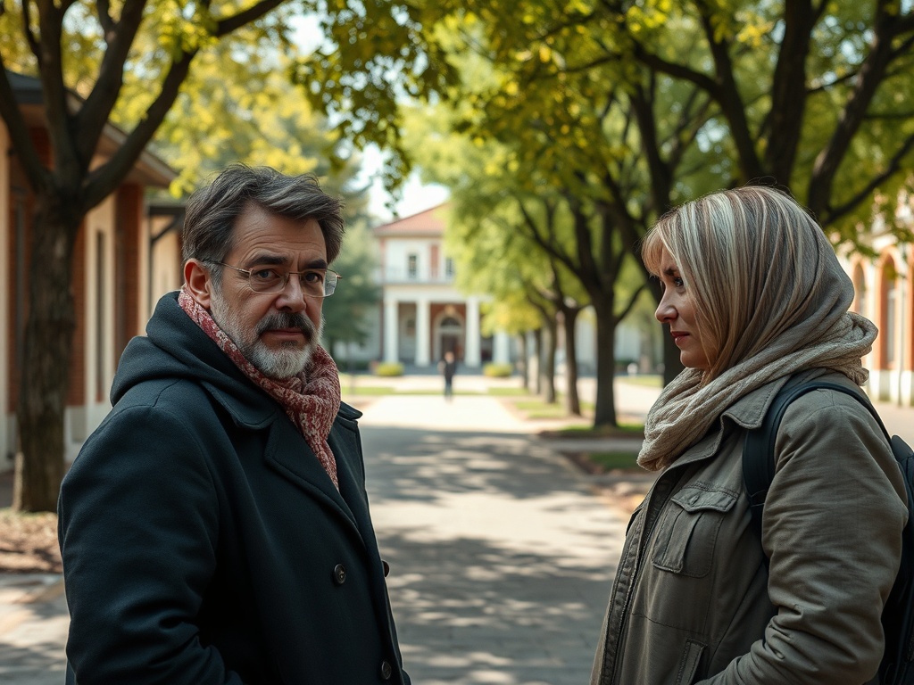 На улице с зелеными деревьями стоят мужчина и женщина, обмениваясь серьёзными взглядами.