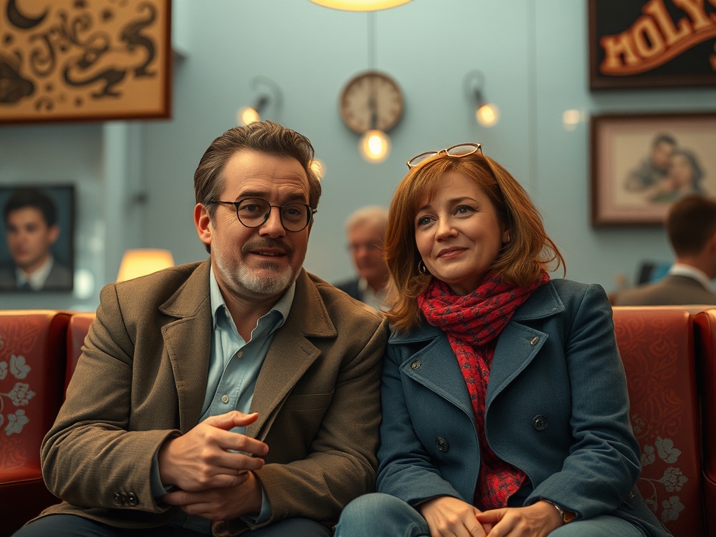 На фото мужчина и женщина, улыбающиеся друг другу, сидя в кафе с уютной атмосферой.