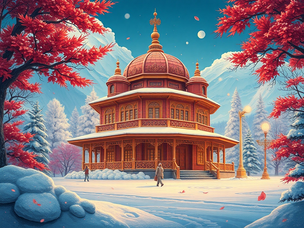 Красивый зимний пейзаж с красным павильоном на фоне снежных гор и ярких деревьев. Спокойная атмосфера.