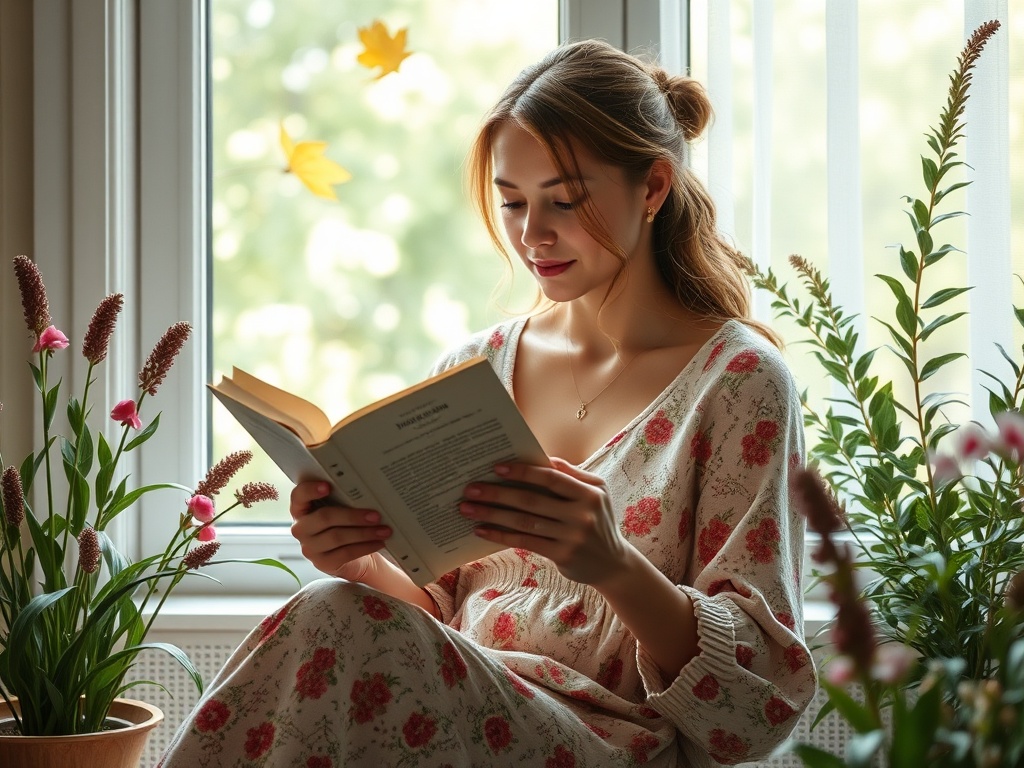 На изображении девушка читает книгу у окна, окруженная зелеными растениями и падающими листьями.