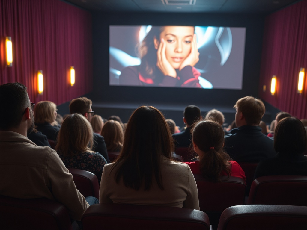 Группа людей сидит в кинотеатре, смотрит на экран с изображением женщины. Темный зал с красными шторами.