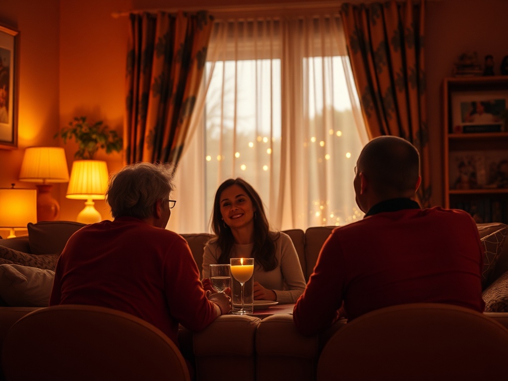 Трое людей сидят на диване, разговаривают, вокруг уютная атмосфера с мягким светом.