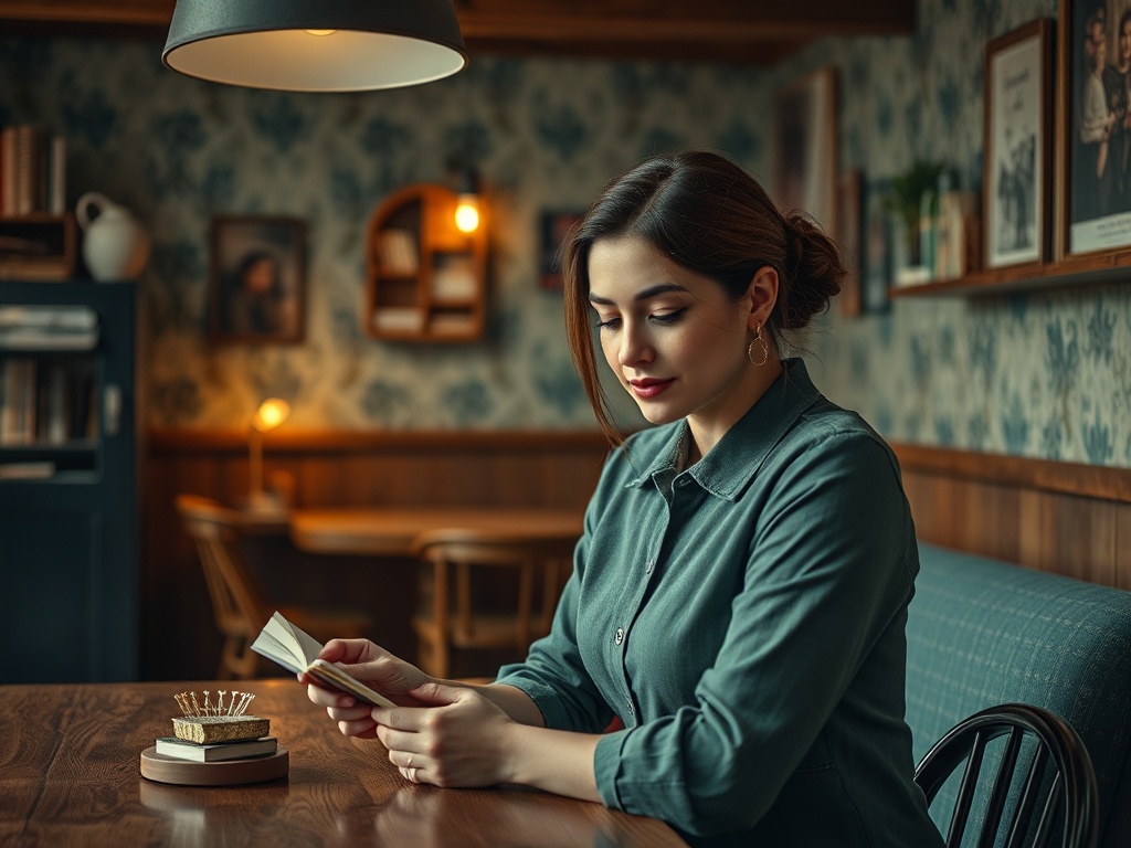 Молодая женщина читает книгу в уютном кафе с уютной атмосферой и оформлением в стиле ретро.