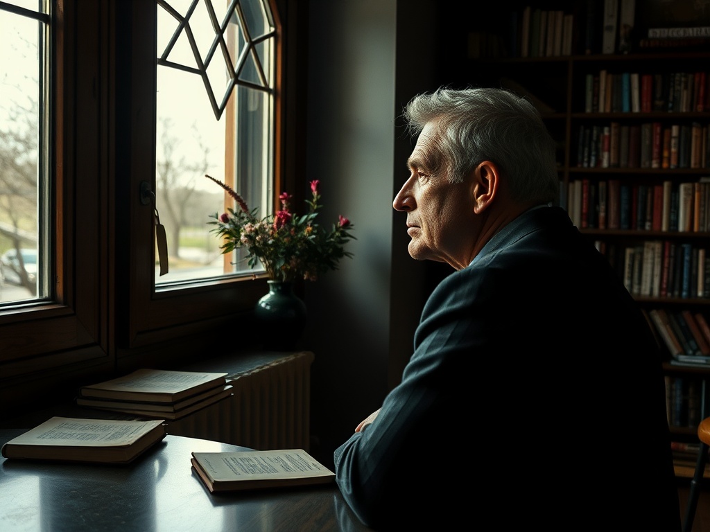 Пожилой человек сидит у окна, задумчиво смотрит на улицу. На столе книги и цветы в вазе.
