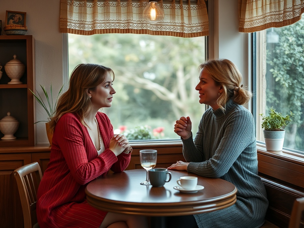 Две женщины беседуют за столиком в уютном кафе у окна. На столе чашки и напитки.