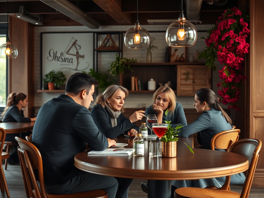 Группа людей обсуждает что-то важное за столом в уютном кафе, окруженная зеленью и приятной атмосферой.