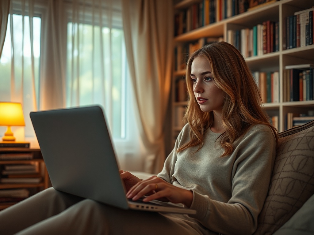 Молодая женщина сидит на диване с ноутбуком, в уютной комнате, окружённой книгами и мягким светом.