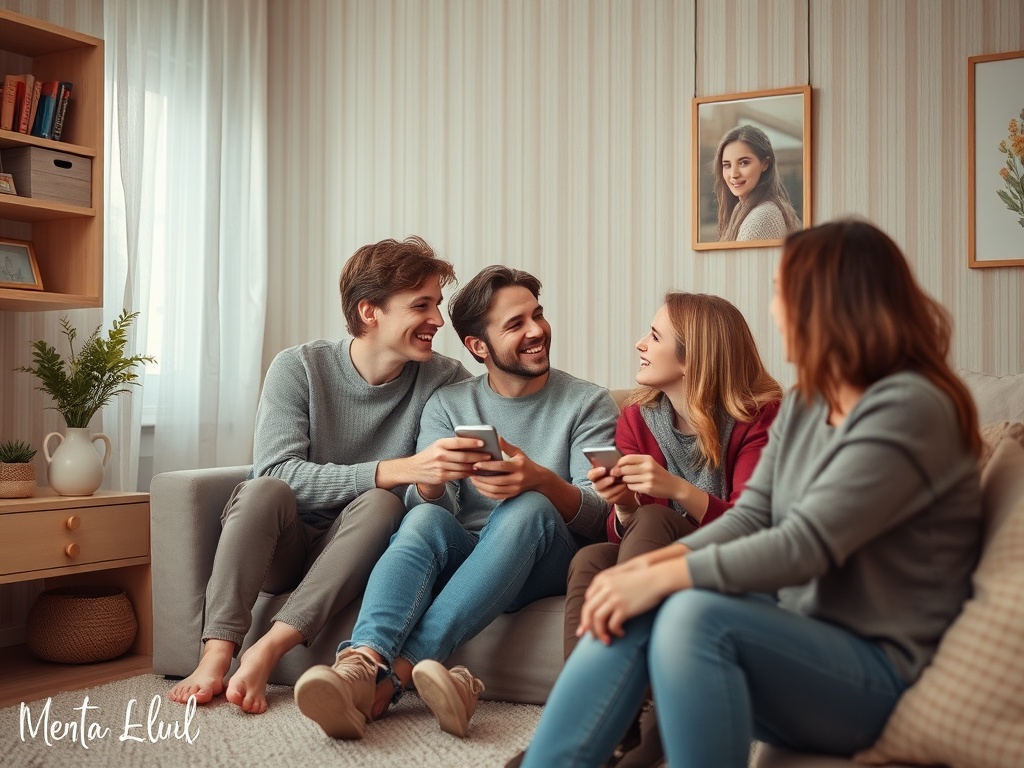 На изображении группа друзей весело общается и использует свои телефоны в уютной домашней обстановке.