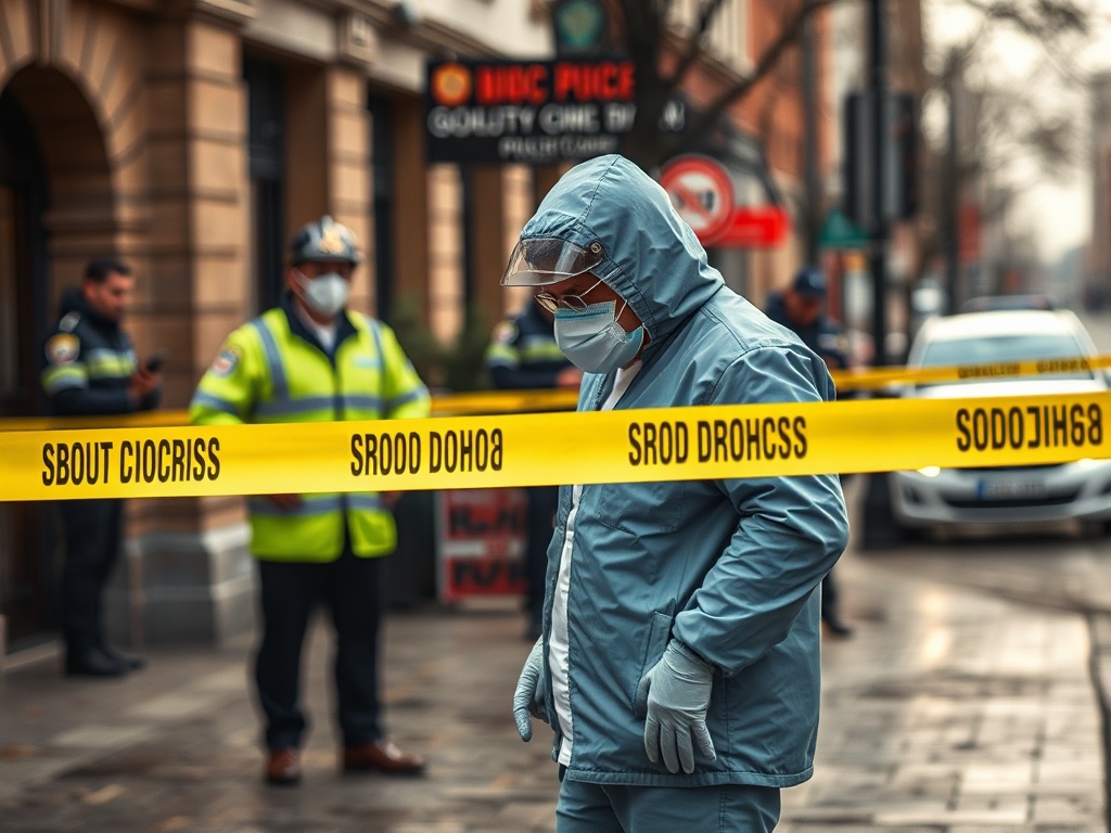 На улице работы полиции, исследуются обстоятельства инцидента, огражденного лентой.