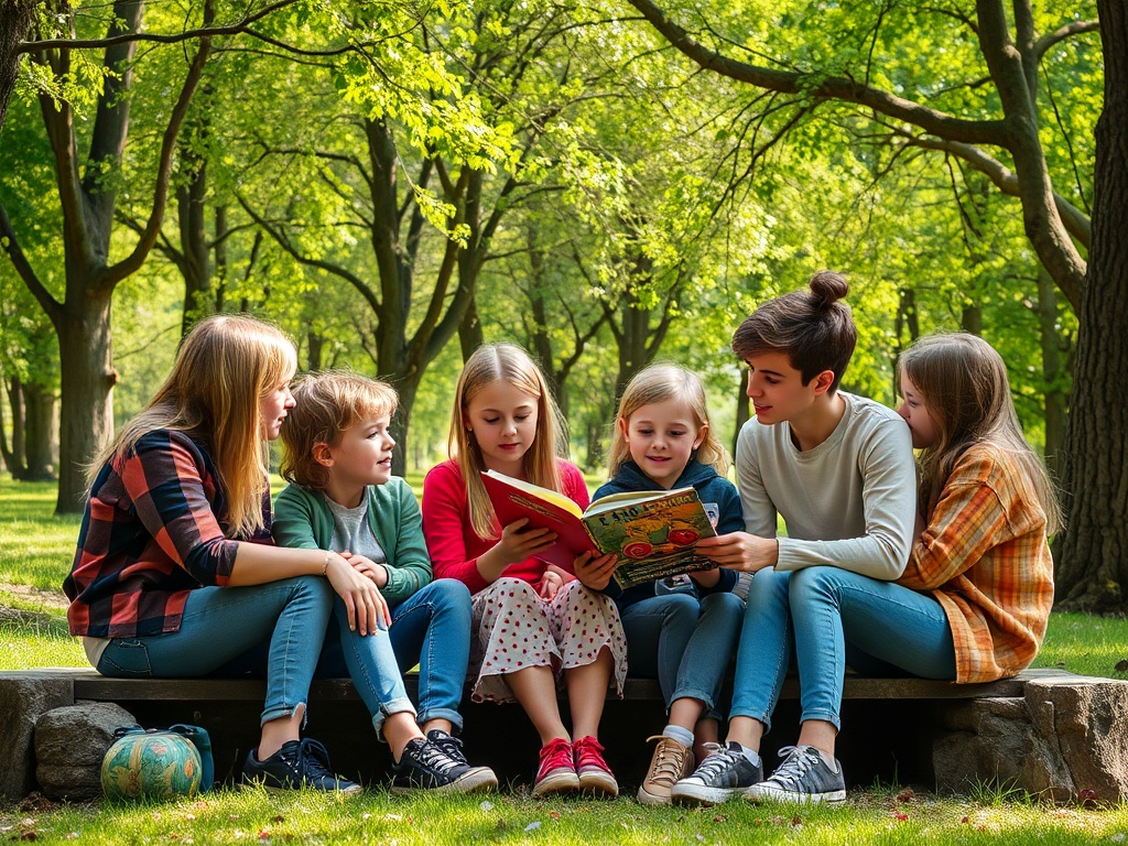На фото группа детей сидит на скамейке в парке и внимательно читает книгу. Вокруг зелень деревьев.