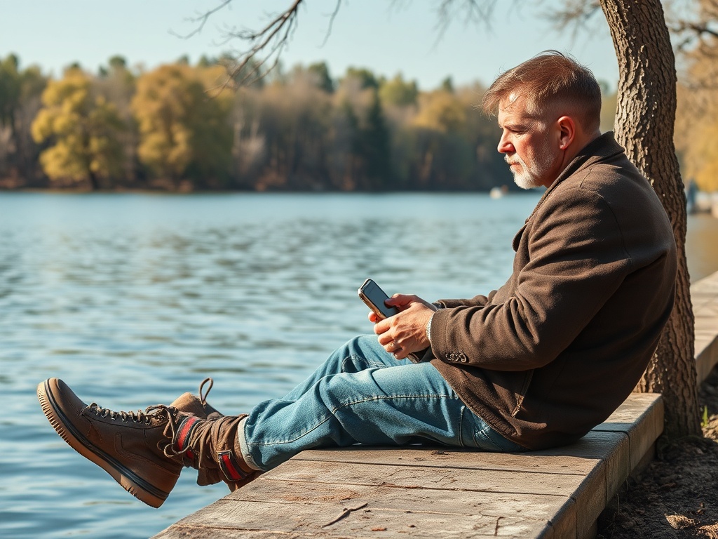 Мужчина сидит на берегу реки, смотря в телефон, на фоне осеннего пейзажа и спокойной воды.