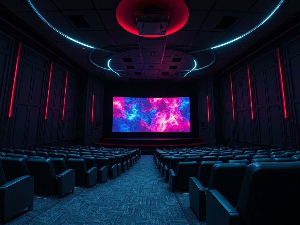 Современный кинотеатр с комфортными креслами и ярким экраном, окружённый неоновым освещением.