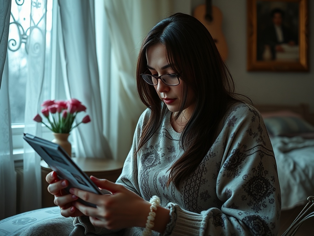 Женщина в вязальном свитере сидит в комнате и читает на планшете. Вокруг светлые занавески и цветы.