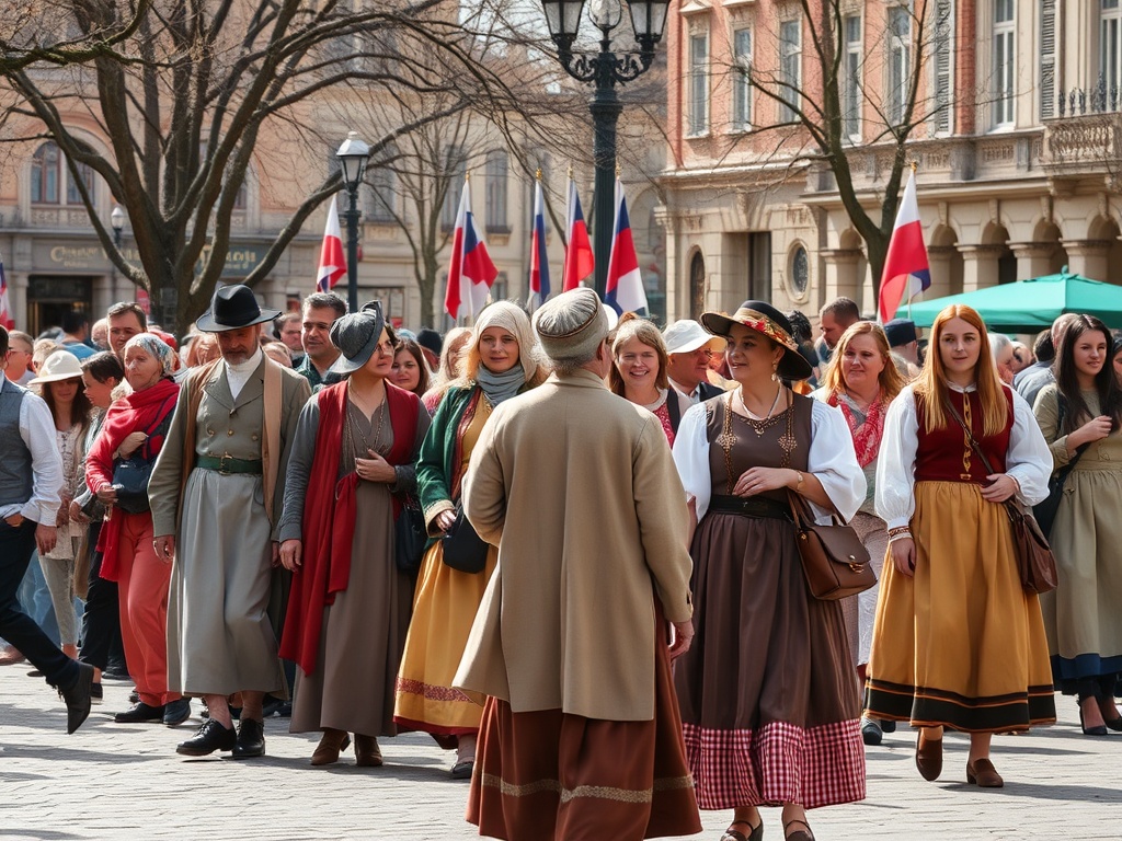 В центре города проходит праздник, люди в традиционной одежде собираются и общаются на улице.