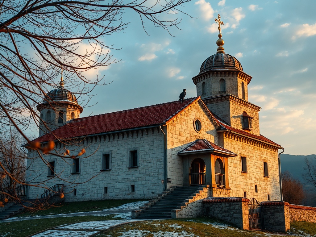 Старинная каменная церковь с куполами, окружённая деревьями и заснеженной травой на фоне облачного неба.
