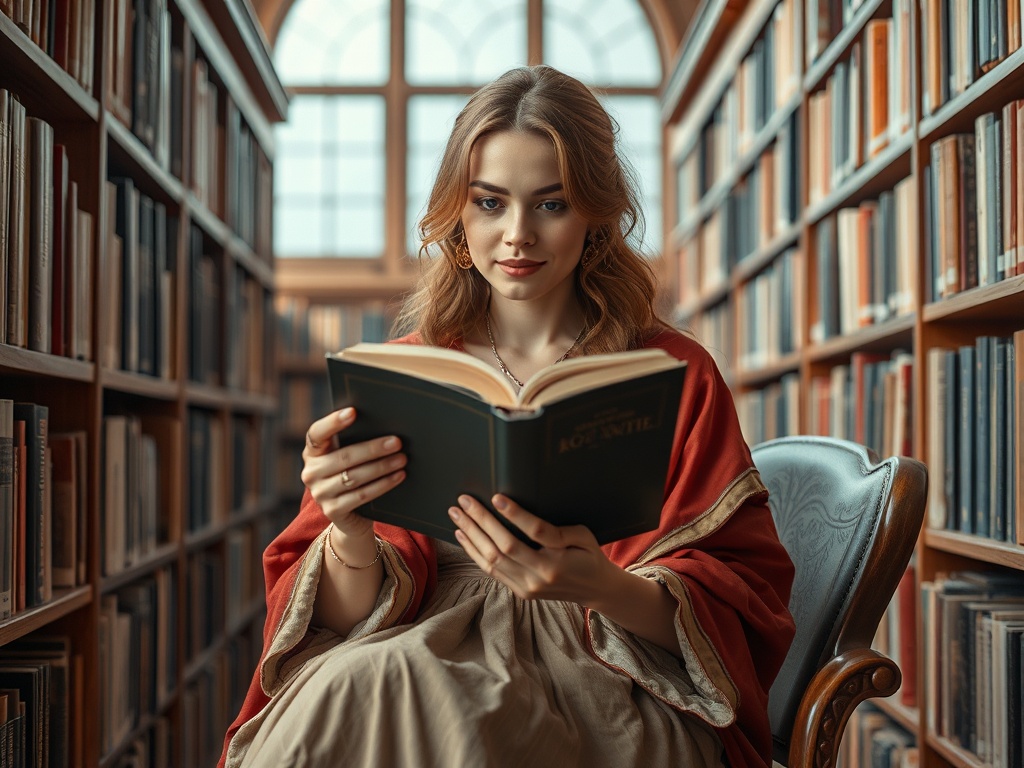 В библиотеке молодая женщина читает книгу, сидя в кресле между полками с книгами.