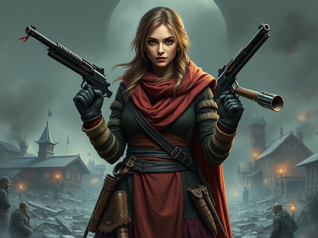 На изображении женщина с оружием на фоне разрушенного города. Мощный и решительный вид.