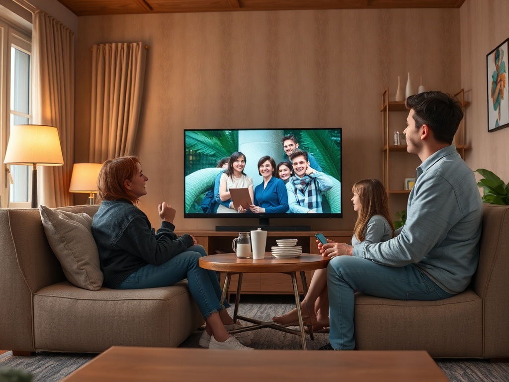 Семья отдыхает в гостиной, смотря на телевизор с фотографией группы друзей.