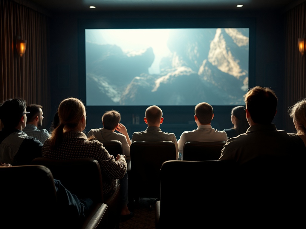 Зрители сидят в зале кинотеатра, смотрят на экран с изображением природного ландшафта.