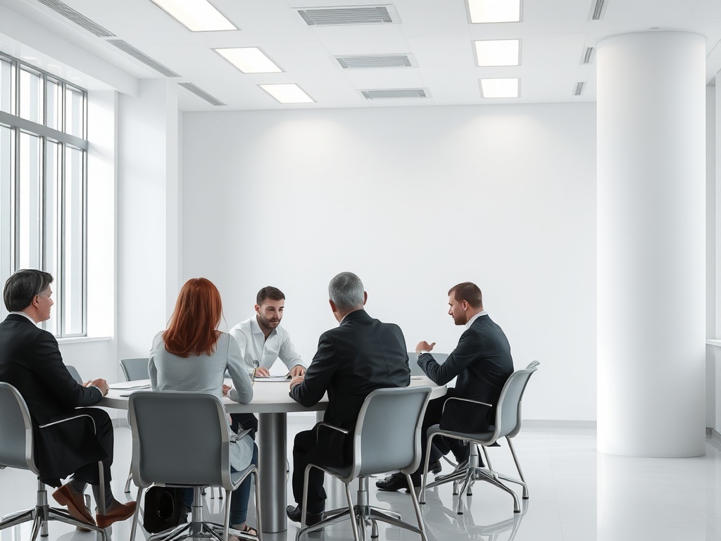 Совещание группы людей в современном офисе, сидящих за круглым столом и обсуждающих идеи.