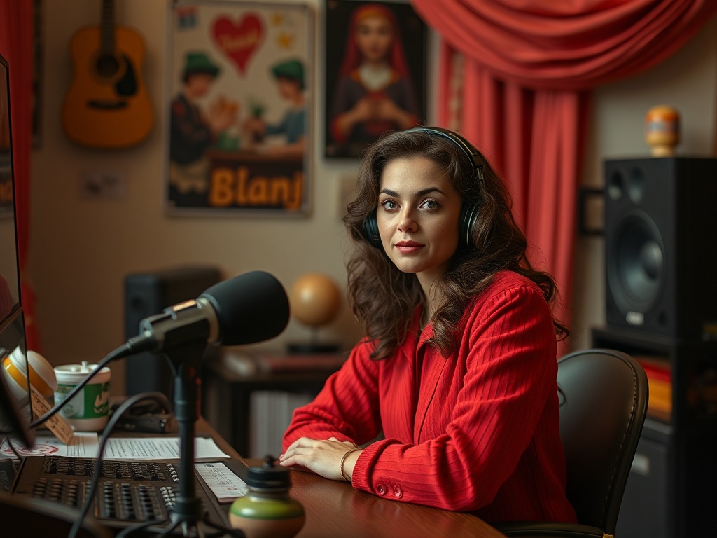 На изображении женщина в наушниках сидит за столом в студии, окруженная музыкальными инструментами.