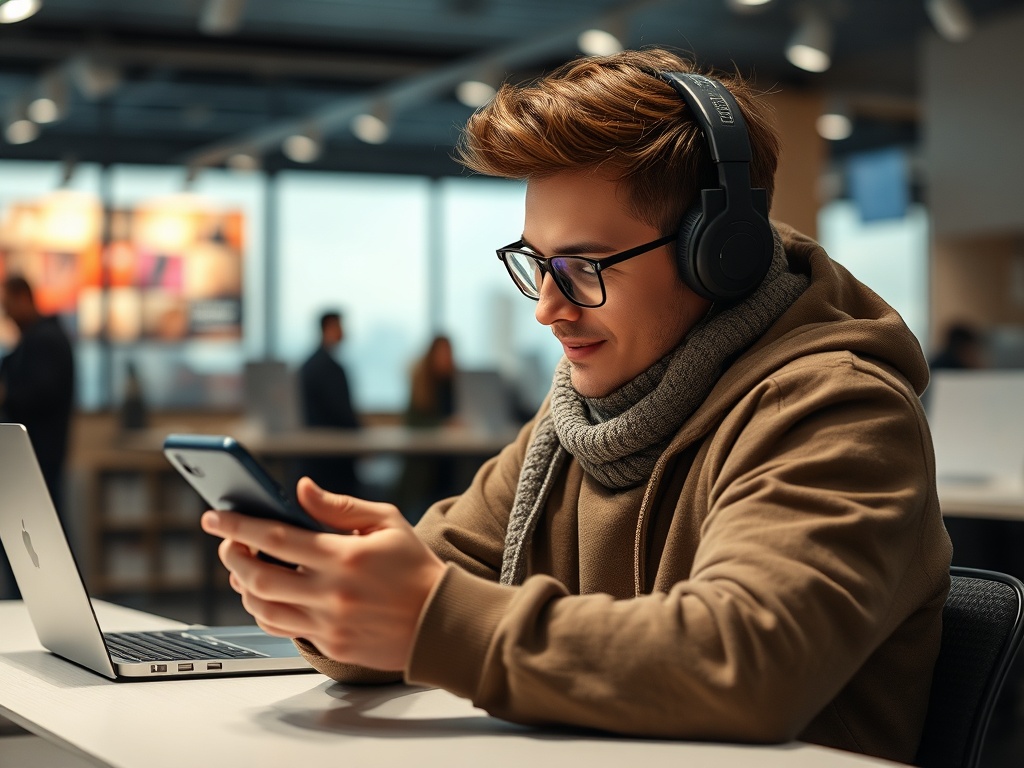 Молодой человек в наушниках изучает телефон, сидя за столом с ноутбуком в современном офисе.