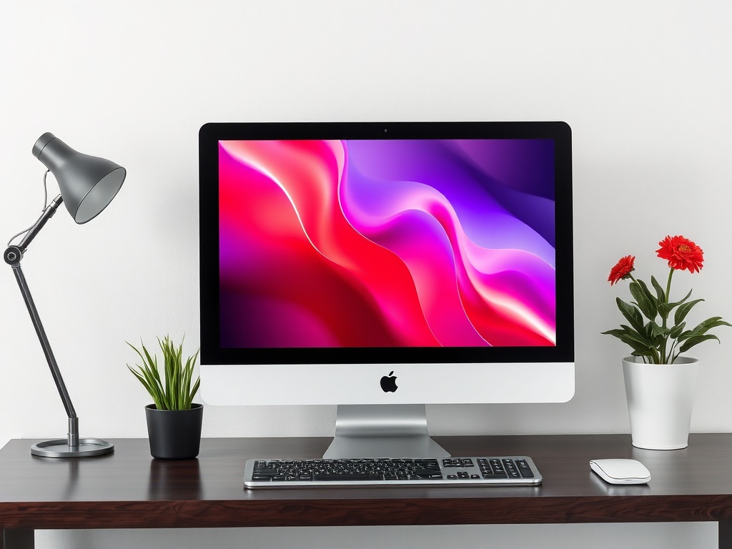 Настольный компьютер Apple на бюро. Рядом настольная лампа и цветы в горшках. Яркий экран с абстрактным узором.