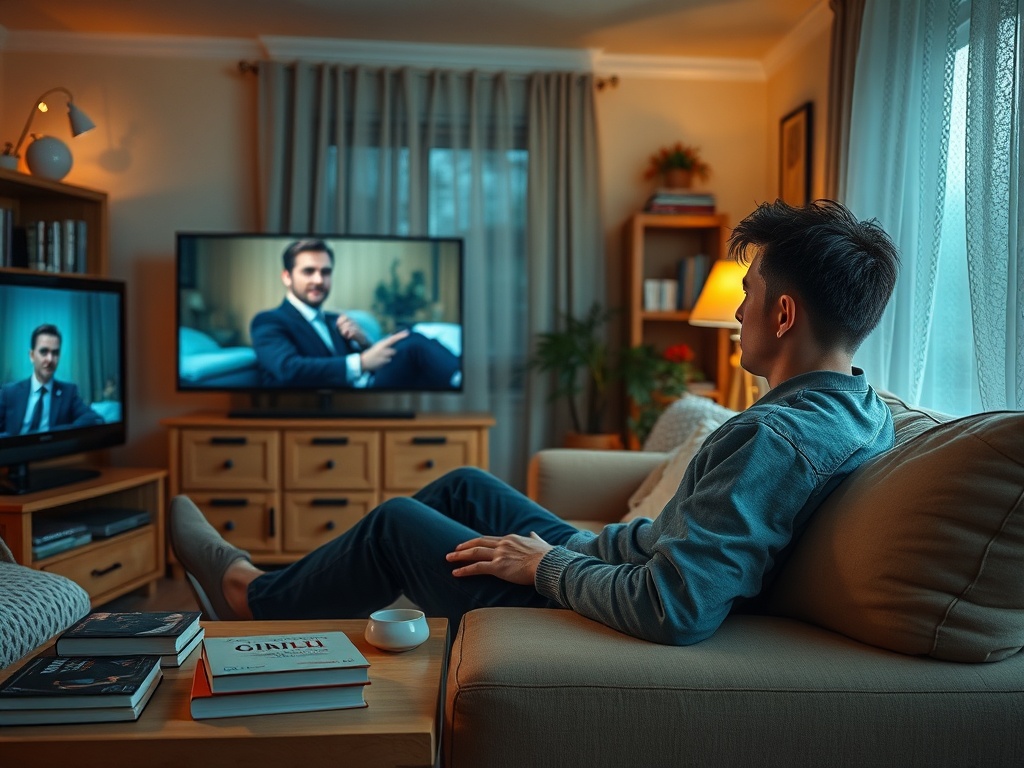 Молодой человек смотрит телевизор в уютной комнате, сидя на диване с чашкой.