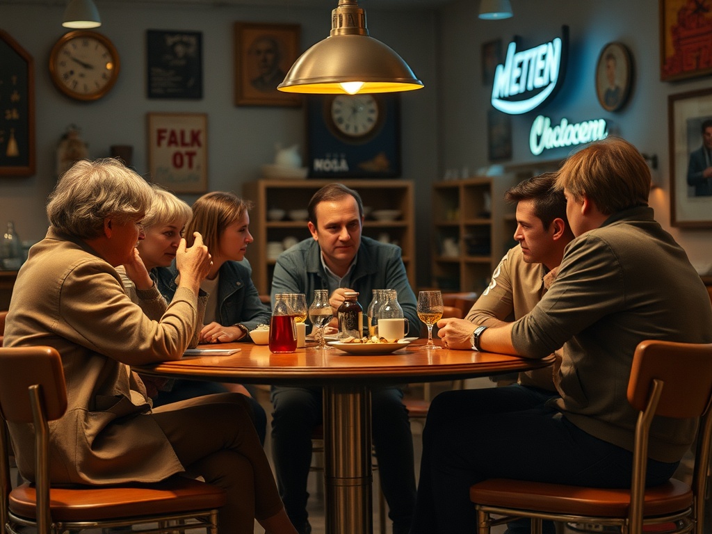 На встрече за столом разговаривают шесть человек, на фоне уютного интерьера с часами и декором.