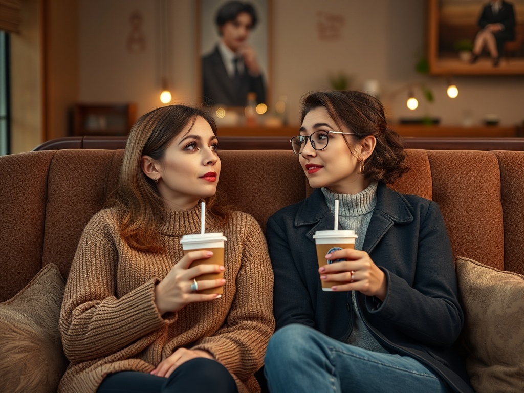 Две молодые женщины с чашками кофе сидят на диване и внимательно разговаривают друг с другом.