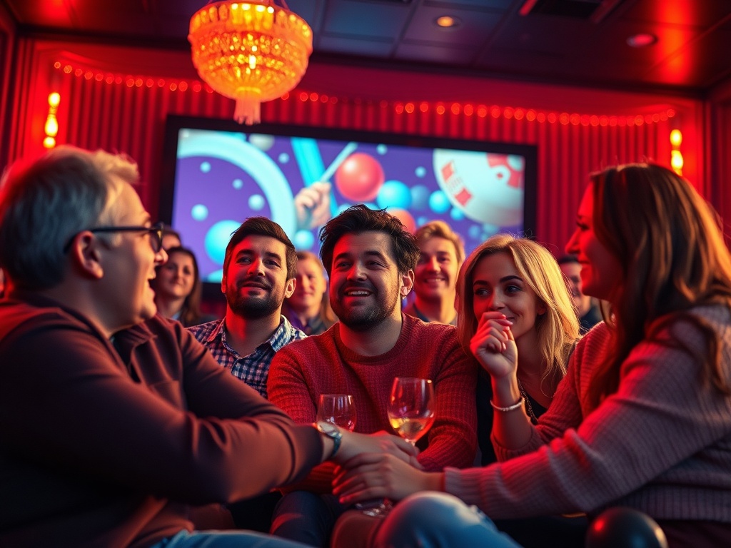 Компания друзей наслаждается вечером в кинотеатре с напитками, на экране яркие кадры.
