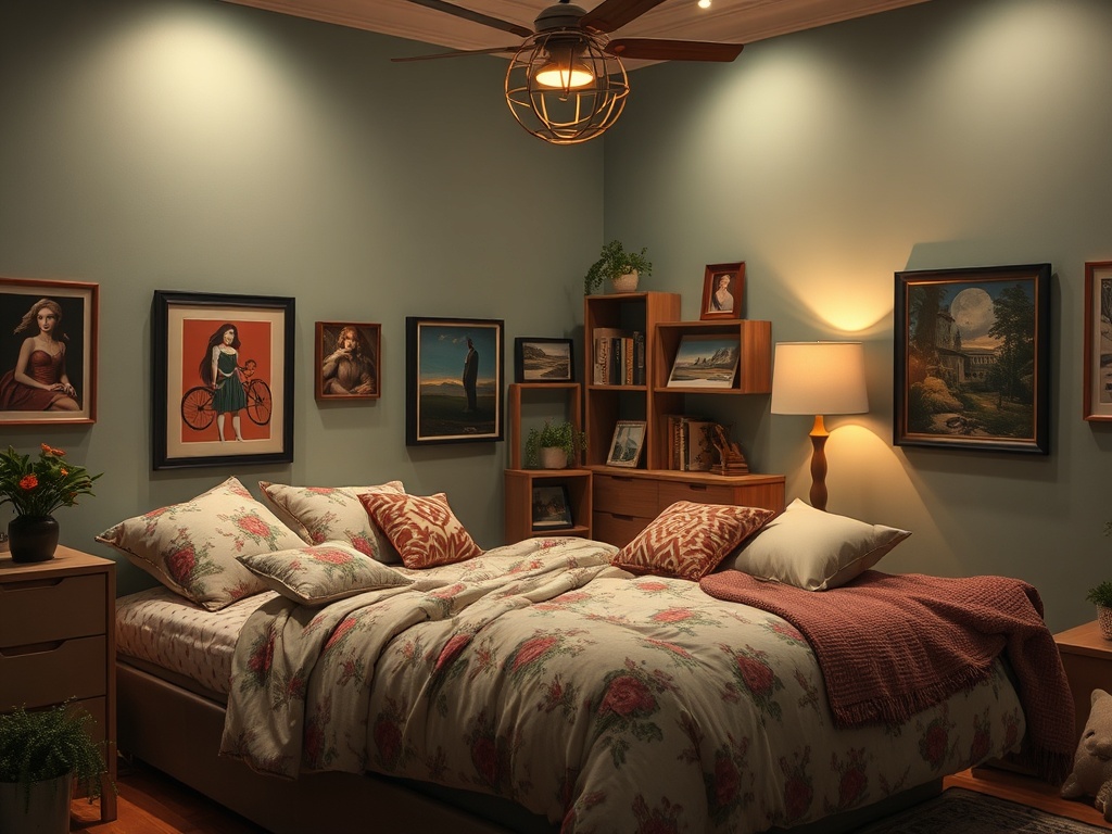 Уютная спальня с двухспальной кроватей, картинами на стенах и мягким освещением. Вероятно, это место для отдыха.