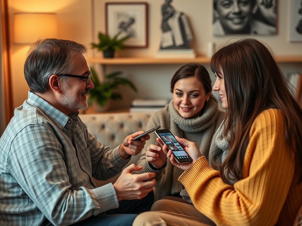 Трое людей, обсуждающих фотографии на телефонах, сидят в уютной комнате с мягким светом.