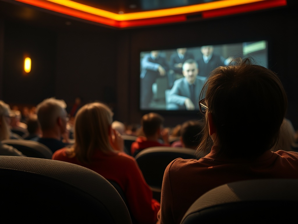 Зрители в кинотеатре смотрят фильм на большом экране в темной обстановке. Атмосфера увлекательная.
